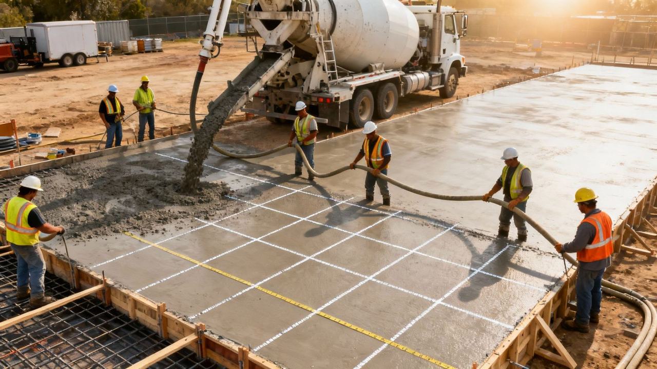 Crew pouring and screeding a concrete slab from a mixer truck in evening light