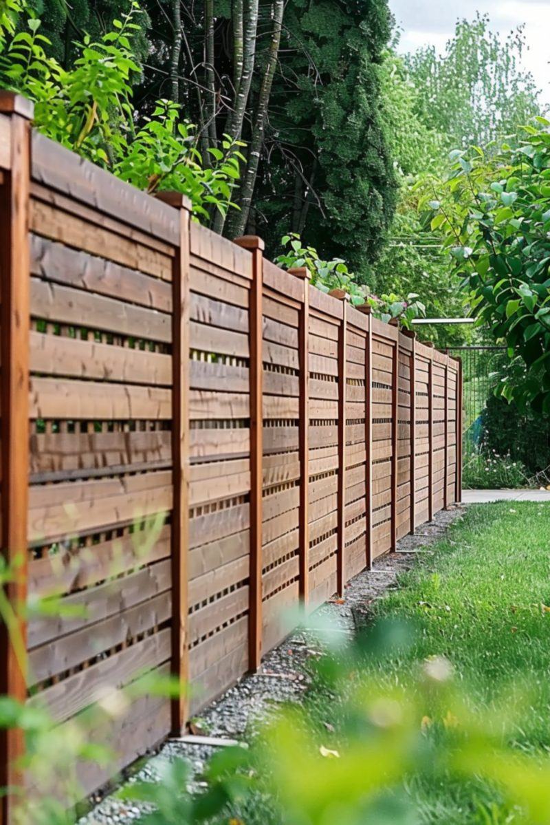 A horizontal wooden privacy fence along a garden