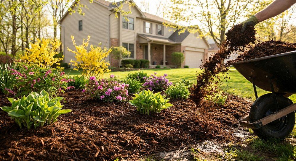Spreading bark mulch over a flower bed from a wheelbarrow